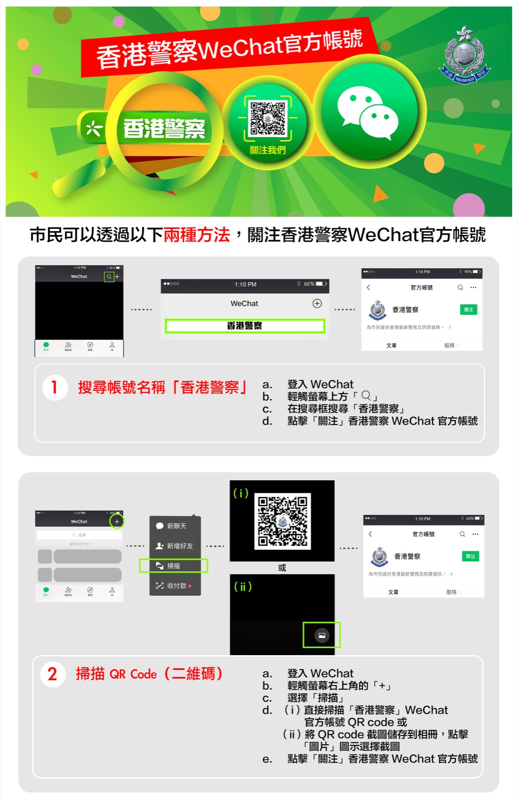 市民可以透過以下兩種方法，關注香港警察WeChat 官方帳號：1. 搜尋WeChat ID「香港警察」- 首先，請開啟並登入 WeChat應用程式，然後輕觸螢幕上方的「放大鏡」，在搜尋框輸入「香港警察」搜尋，最後點擊「關注」，完成關注香港警察WeChat官方帳號。 2. 掃描QR Code（二維碼）
              首先，請開啟並登入 WeChat應用程式，然後輕觸螢幕右上角的「+」圖示，再選擇「掃描」。市民可以直接掃描香港警察WeChat官方帳號的QR Code或者先將QR Code截圖儲存到相冊，再點擊畫面右下角的「圖片」圖示選擇剛才的截圖以供辨識。最後點擊「關注」，完成關注香港警察WeChat官方帳號。