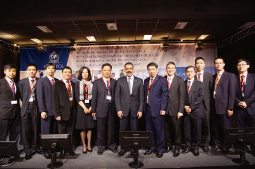 As members of the delegation from National Central Bureau (NCB) China, officers from Liaison Bureau attend the 9th INTERPOL Annual Heads of NCB Conference in Lyon, France. The Deputy Director of INTERPOL Division, NCB China, Mr Jiang Haifeng (sixth from right), leads the delegation. The themes of the conference include terrorist attacks and cyber crime.