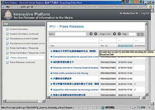 警察公共關係科推出互動平台，向傳媒機構發放突發事件信息。