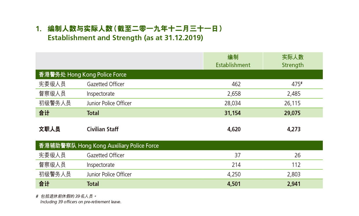 编制人数与实际人数（截至二零一九年十二月三十一日） 