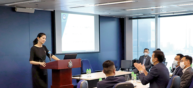 The Division Chief of the Police Liaison Department at the Liaison Office of the Central People's Government in the HKSAR, Ms Xu Yang, attended Command Cadre Quarterly Training Day in September by invitation and shared her experience and views with members of the Cadre on policing public events.