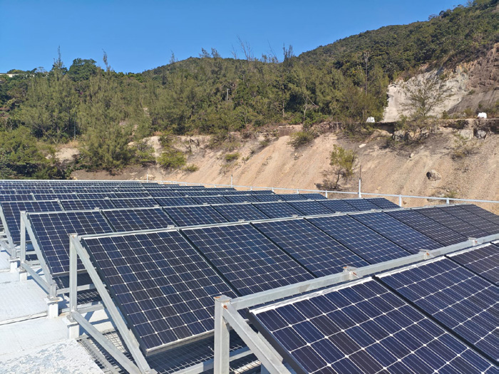 The newly installed solar PV panels at the base of the Explosive Ordnance Disposal Bureau, Airport Police Station and Tin Shui Wai Police Station.
