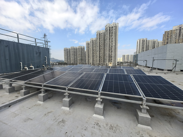 The newly installed solar PV panels at the base of the Explosive Ordnance Disposal Bureau, Airport Police Station and Tin Shui Wai Police Station.