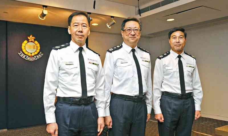 Mr Lo (centre) introduces Deputy Commissioner (Operations) Wong Chi-hung (left) and Deputy Commissioner (Management) Chau Kwok-leung to the media