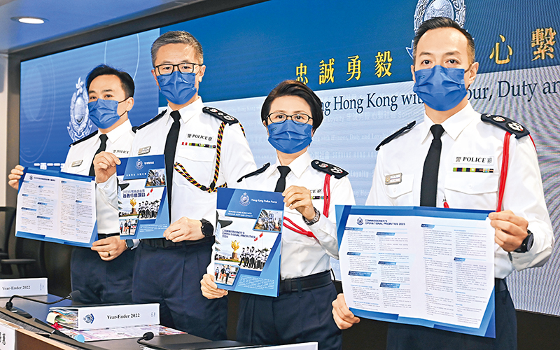 Commissioner Siu Chak-yee (second left) reviews the law and order of Hong Kong and the work of the Police in 2022. Also present at the press conference are Deputy Commissioner (National Security) Lau Chi-wai (second right), Deputy Commissioner (Operations) Yuen Yuk-kin (first left), and Deputy Commissioner (Management) Chow Yat-ming (first right).